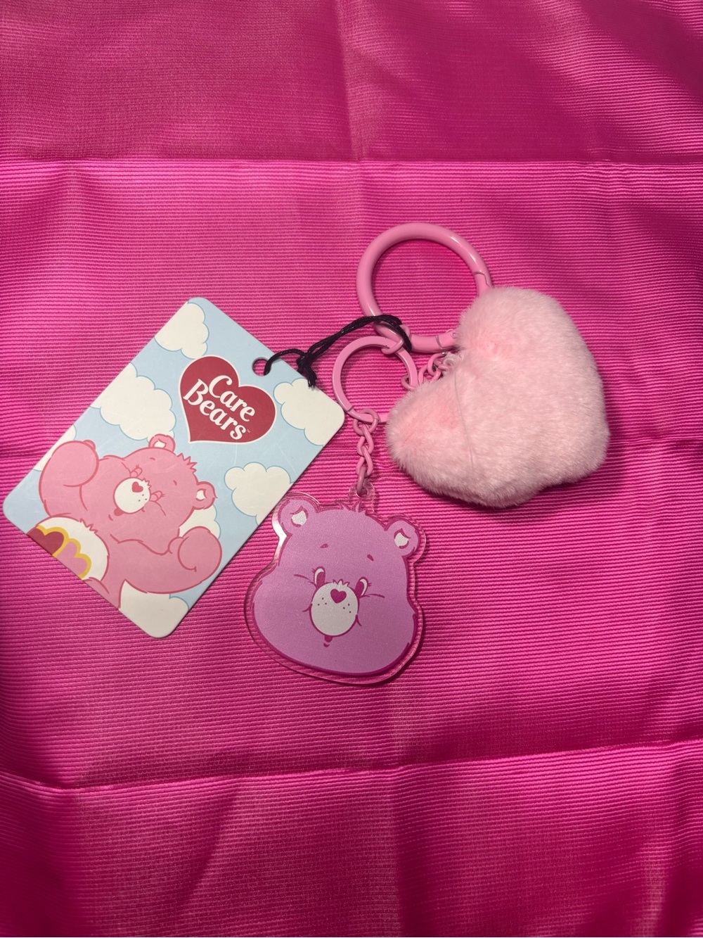 New Bag Charm Care Bears Pink Heart Pom & Bear Face Keychain